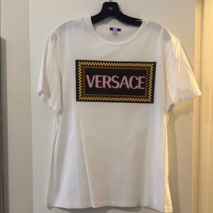 Versace White Tee with Pink and Yellow Logo